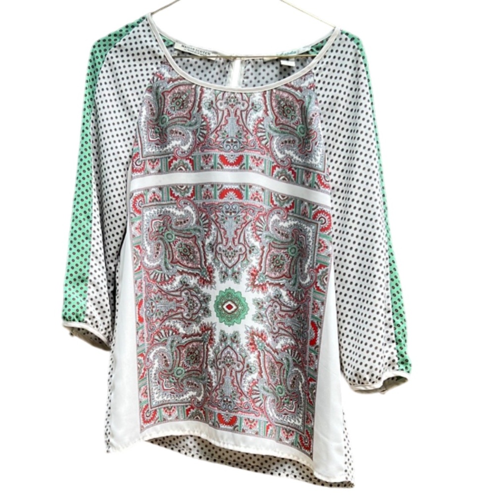 Maison Scotch Acapulco Cream Green Rust Paisley Print 3/4 Sleeve Blouse 2